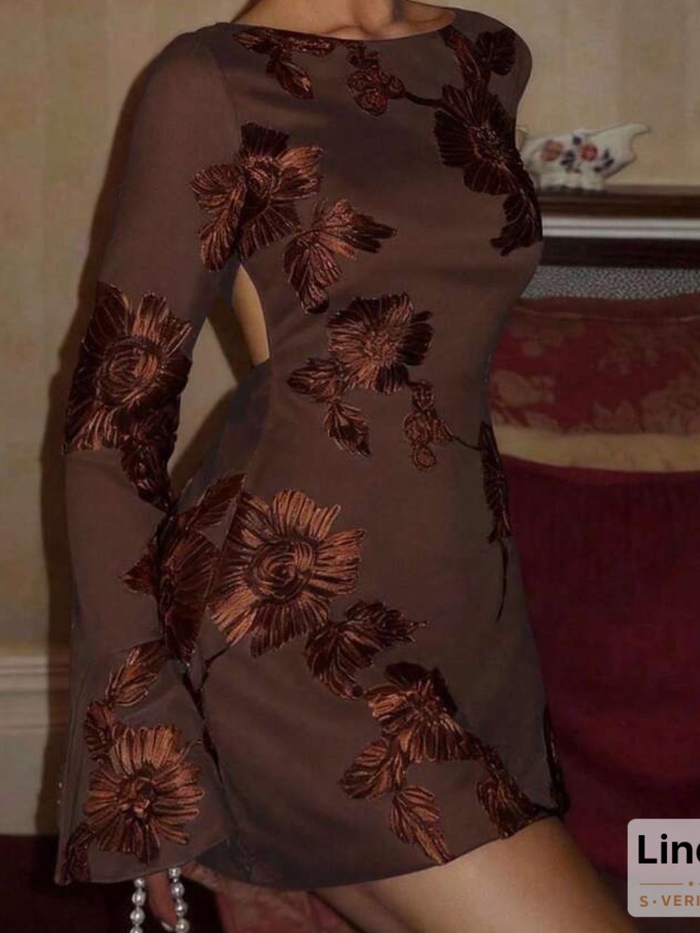Women's Brown Floral Embroidered Sheath Dress